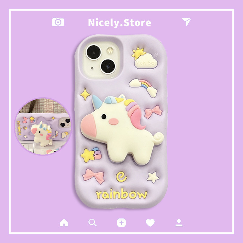 Kawaii Rainbow Unicorn Dạ Quang Giá Đỡ Xoay Được Ốp Lưng Điện Thoại Tương Thích Cho iPhone 16 15 14 