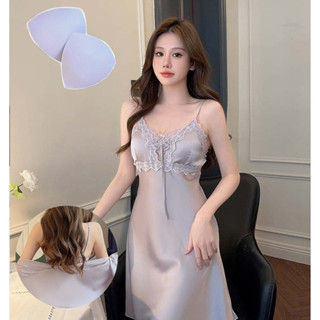 Đồ Ngủ Lụa Lạnh Gợi Cảm Có Đệm Ngực, Váy Ren Trong Suốt Thắt Nơ, Mặc Nhà Quyến Rũ Nữ Tính-BN13