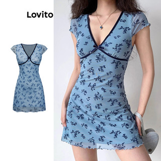 Đầm Lovito viền nhún bèo họa tiết nơ phối viền tương phản họa tiết hình học phong cách thường ngày cho nữ L88AD263