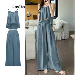 Set quần dài Lovito xếp ly màu trơn phong cách thường ngày cho nữ L87ED372