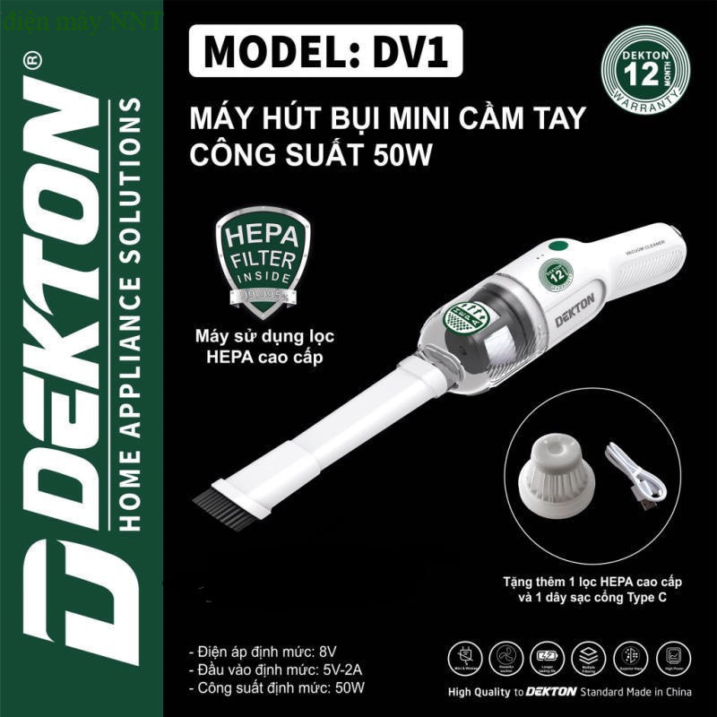 Máy hút bụi pin mini DEKTON DV1, Công suất 50w, Nhỏ gọn, hiện đại, Tặng Kèm 1 Lọc Bụi Điện Máy NNT