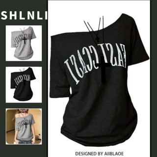 Áo thun nữ tay ngắn in chữ Mỹ mùa hè dáng rộng nửa tay lệch vai