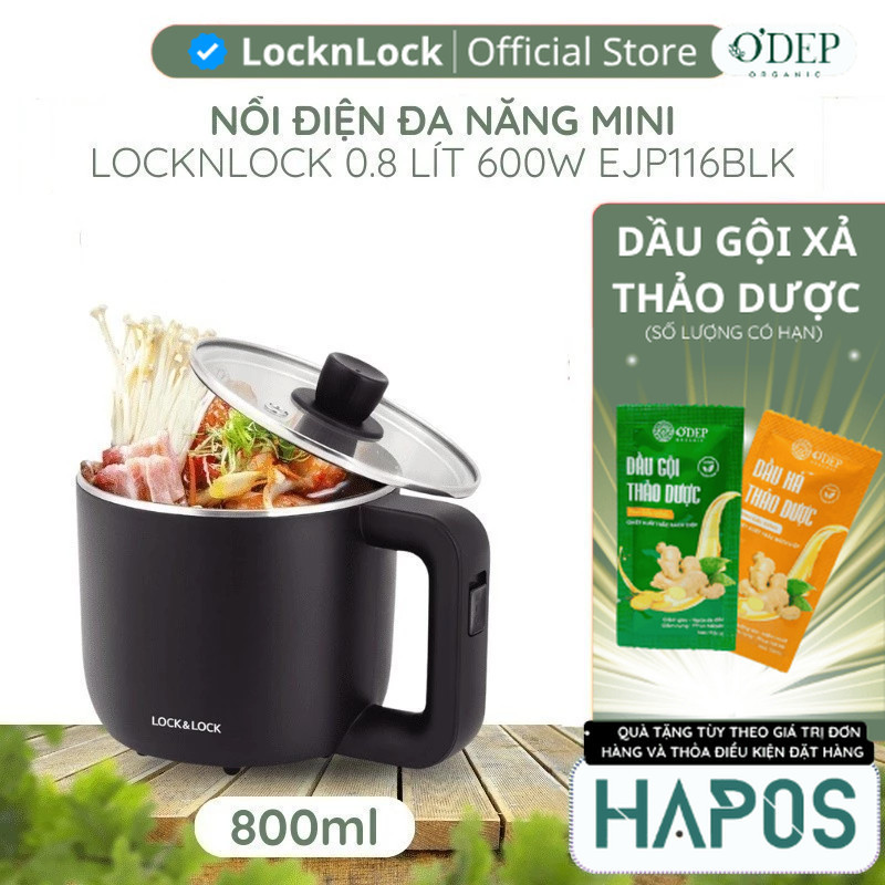 Nồi điện LocknLock đa năng mini 0.8L 600W Chính hãng, kèm khay luộc trứng, nấu mì, nấu lẩu EJP116BLK