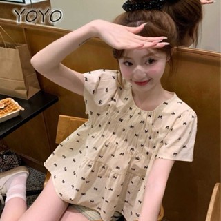 Áo sơ mi babydoll rộng rãi nơ siêu dễ thương-Áo nữ cơ bản cổ tròn tay bồng phong cách Hàn Quốcmùa hè