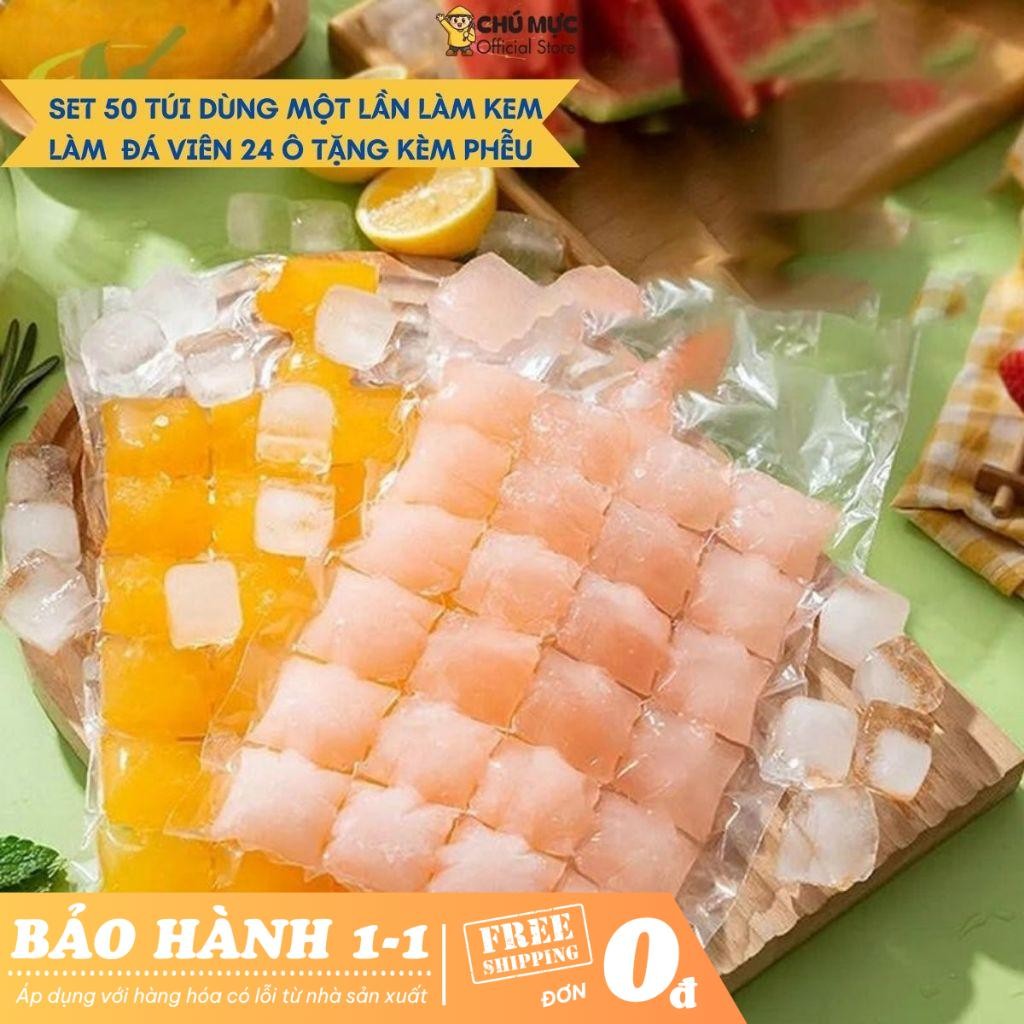 Set 70 túi làm đá viên dùng 1 lần CMS túi làm kem 24 ô túi làm sữa chua chườm mát đa năng tặng kèm phễu tiện lợi