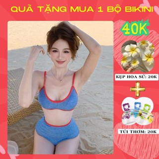 Bikini 2 mảnh màu xanh cho nữ set đồ bơi 3 chi tiết áo 2 dây có mút quần tam giác và khăn quấn xanh nổi bật A3