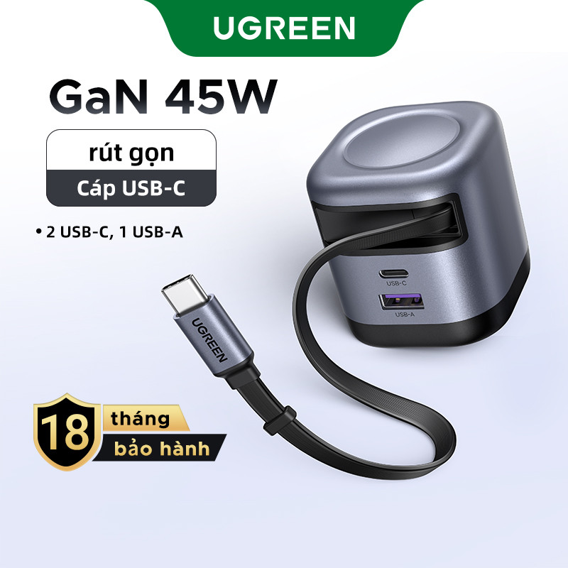 [Nexode] Bộ sạc GaN UGREEN 45W USB-C * 2 / USB-A * 1 / 3 cổng Sạc nhanh Nexode GaN với cáp USB C có 