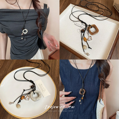 DREJEW Tình Yêu Vuông Hạt Gỗ Mặt Dây Chuyền Vòng Cổ Mới Phong Cách Trung Quốc retro Xương Đòn Dây Chuyền Phong Cách Dân Tộc Cao Cấp Vòng Cổ Trang Trí