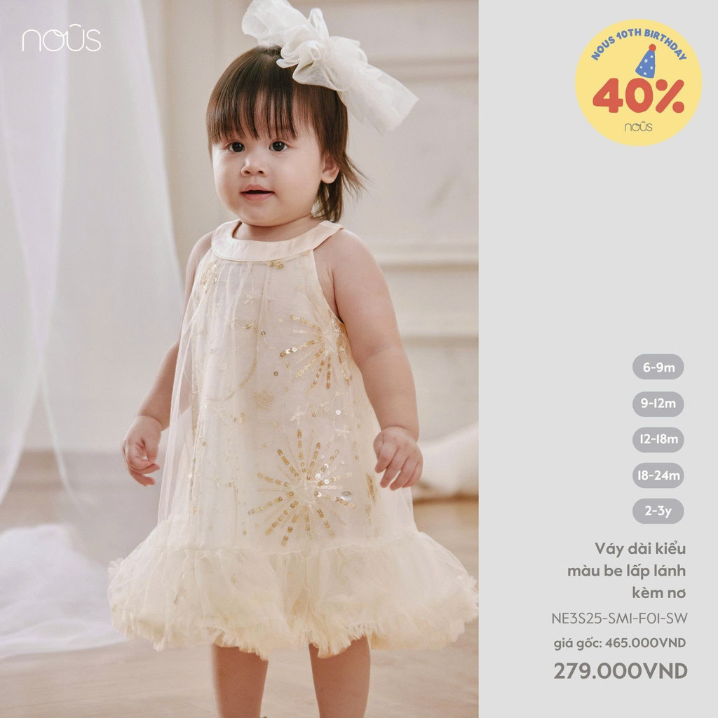 NOUS PARTY 2025 VÁY DÀI KIỂU MÀU BE LẤP LÁNH KÈM NƠ