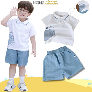 Set bộ polo tay ngắn bé trai áo polo họa tiết bóng bầu dục kèm quần short 9 đến 28kg BERNIE P1124B18