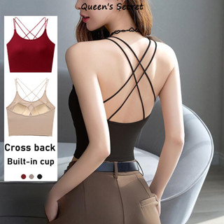 [Queen Secret] Dây đeo vai mỏng chéo Camisoles lưng đẹp, nữ có miếng đệm ngực áo crop top màu đen