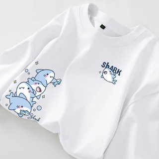 Áo thun ngắn tay in hình cá mập hoạt hình đơn giản giản dáng rộng đa năng mùa hè