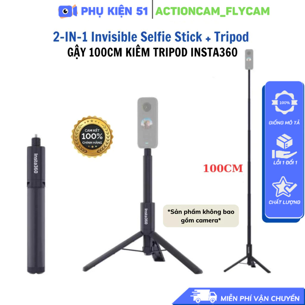  Gậy tàng hình tích hợp tripod 2 in 1 INSTA360 X5 X4 X3 X2 kéo dài 100cm Invisible Selfie Stick + Tripod 