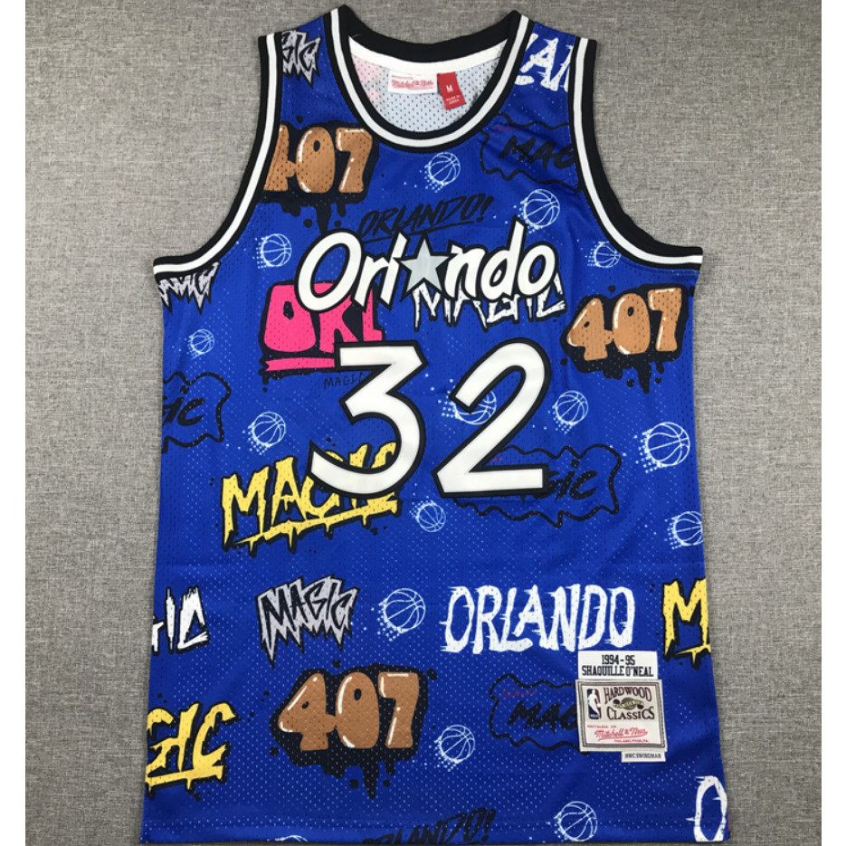 Nam Mới Orlando Magic 32 Shaquille O 'Neal MN Thêu Áo Bóng Rổ jersey graffiti Phiên Bản Xanh