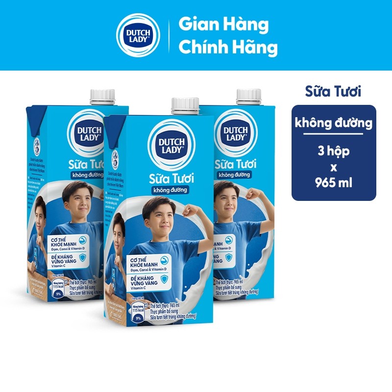 Combo 3 Hộp Sữa Tươi Tiệt Trùng Dutch Lady Không Đường 965ml