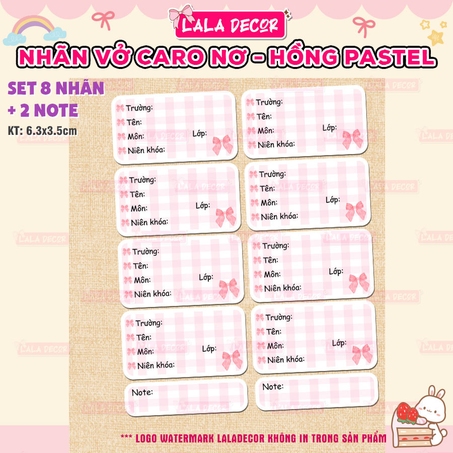 Nhãn Vở Coquette Nơ Hồng Dễ Thương, Nhãn Vở Caro Hồng Pastel 🎀 Giấy Nhãn, Nhãn Tập Coquette Caro Pas