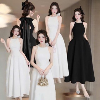 Đầm dự tiệc cổ yếm tròn đính đá nơ sau dang dài xoè màu trắng màu đen tiểu thư sang chảnh D1190