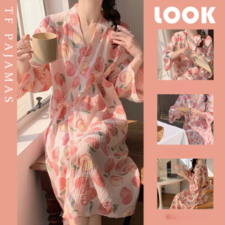 Váy ngủ mùa xuân thu nữ họa tiết đào áo choàng tắm mùa hè mới kimono Nhật Bản váy ngủ nữ