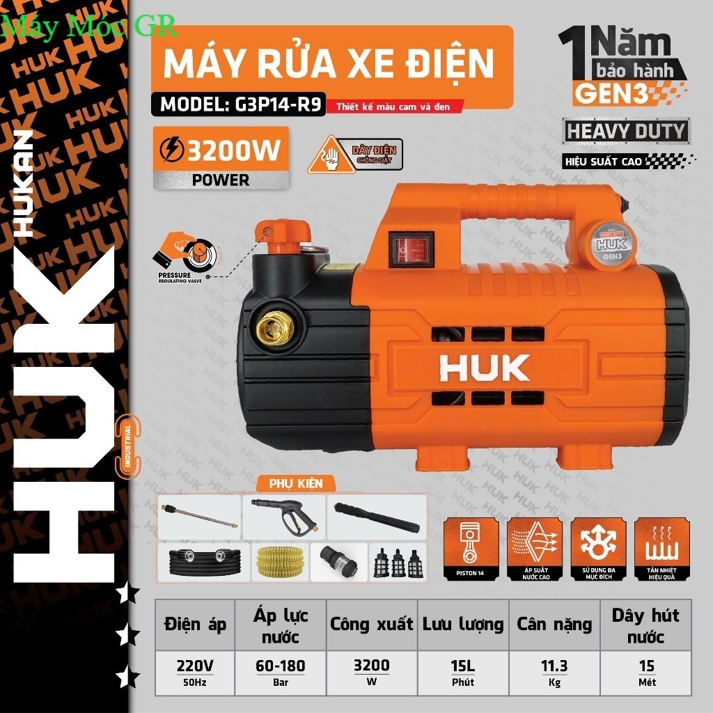 Máy rửa xe chỉnh áp HUKAN G3P14-R9, 3200W, Động cơ không chổi than,  Có ÁT CHỐNG GIẬT Thiết Bị GR
