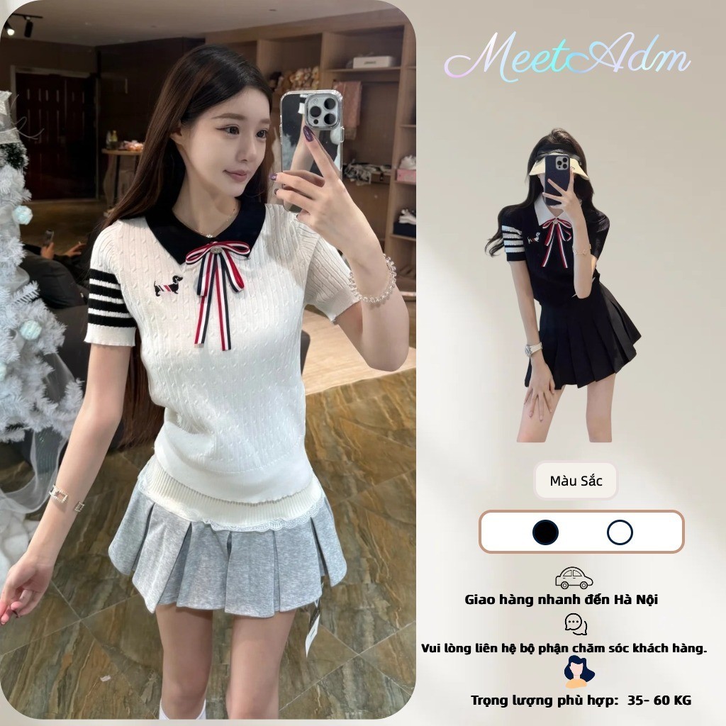 Meet-Adm Áo Thun Dệt Kim Tay Ngắn Cho Nữ Áo Thun Cổ Polo Thời Trang Mùa Hè Mới Đa Năng | BigBuy360 - bigbuy360.vn