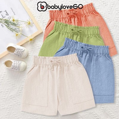 Quần đùi bé gái BabyloveGO quần sooc vải đũi mềm quần short unisex có túi cạp chun co giãn cho bé 10 đến 45kg QT003