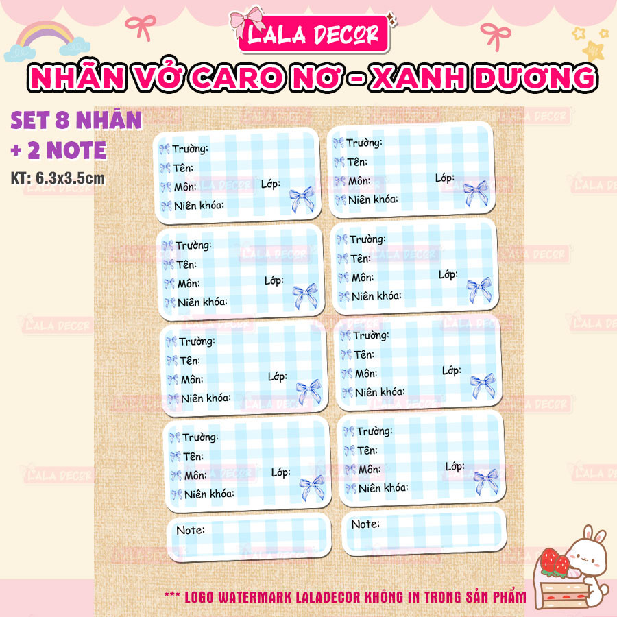 Nhãn Vở Coquette Nơ Xanh Dương Dễ Thương, Nhãn Vở Caro Xanh Pastel 🎀 Giấy Nhãn Coquette Caro Pastel 