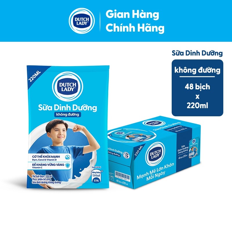 Thùng 48 Bịch Sữa Dinh Dưỡng Dutch Lady Không Đường 48x220ml