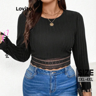 Áo thun Lovito phối ren màu trơn plus size phong cách thanh lịch cho nữ LNL60207