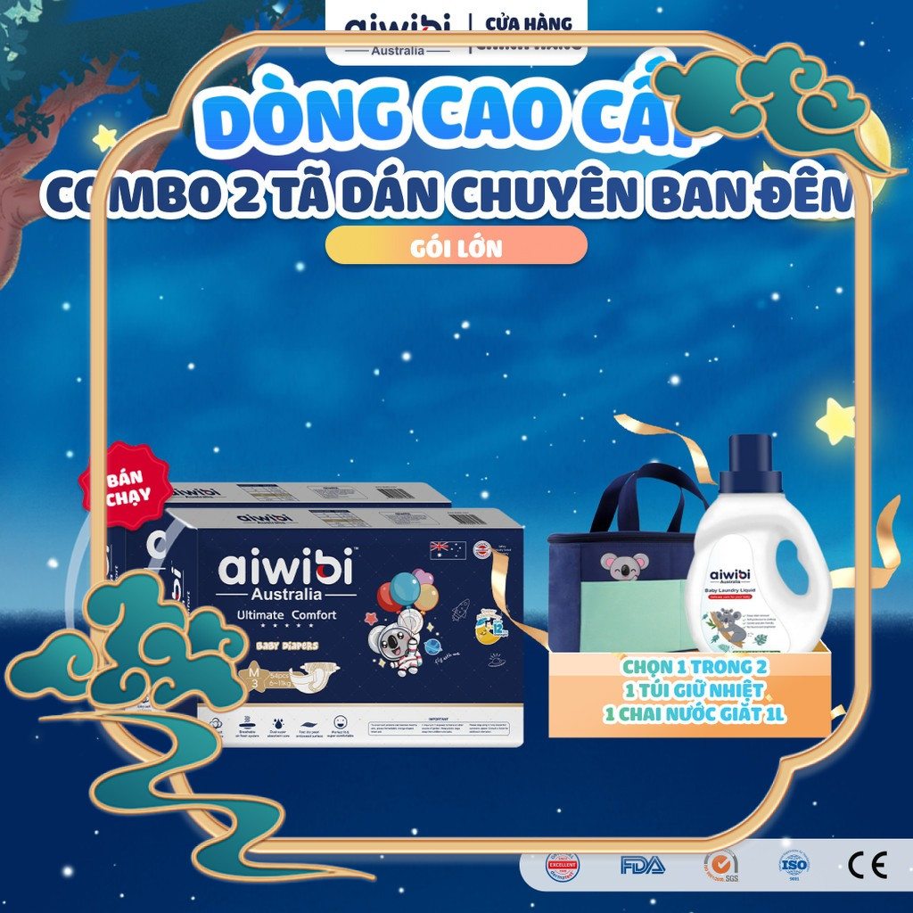 [Combo 2] Tã/Bỉm Dán Cao Cấp Aiwibi Chuyên Ban Đêm Ultimate Comfort