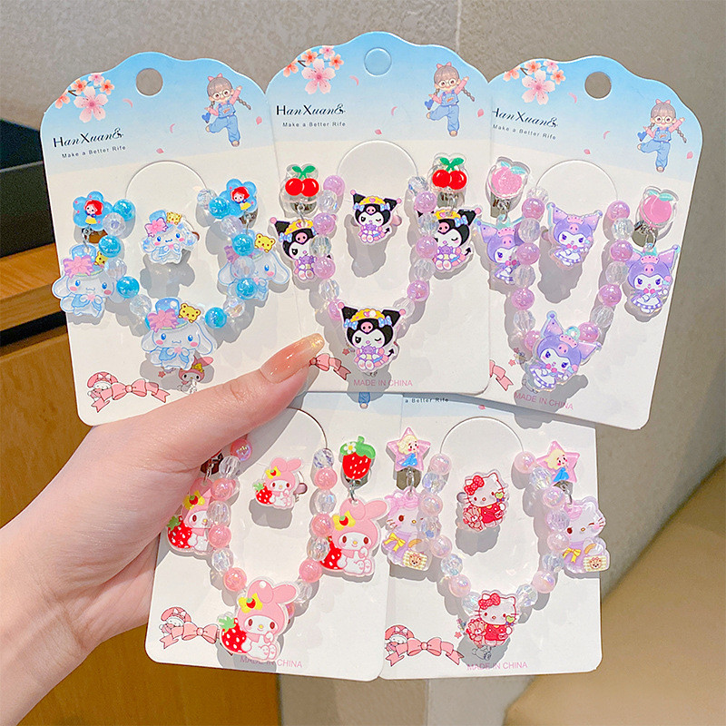Kuromi Vòng Tay Trẻ Em Đính Hạt Hello Kitty Giai Điệu Của Tôi Cinnamoroll Quà Tặng Bé Gái Kẹp Tai Bé Gái Sanrio Nhẫn Bộ Trang Sức Quà Tặng Cho Trẻ Em