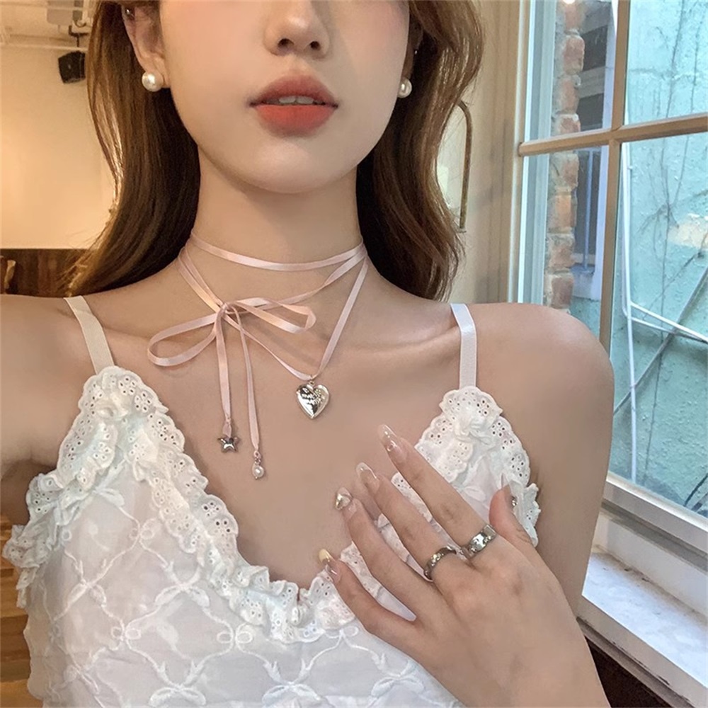Xijing Vòng cổ Ruy Băng Màu Hồng Xương Cá Đính Ngôi Sao