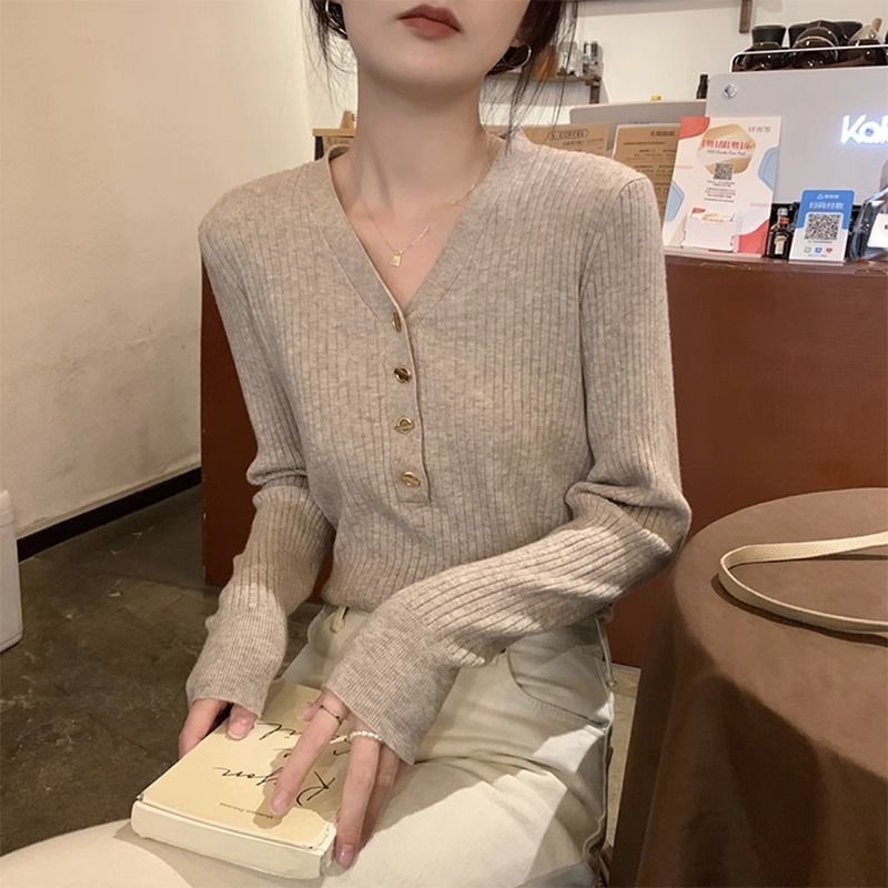 Bh Áo sweater Dài Tay Ôm Dáng Cổ Chữ v Cài Nút Phong Cách Pháp Cho Nữ