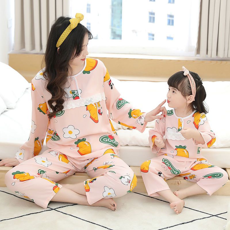 Bộ Đồ Ngủ Tay Dài Chất Liệu cotton Phối Ren Mỏng Thời Trang Mùa Hè Cho Mẹ Và Bé Kích Thước 80-175cm