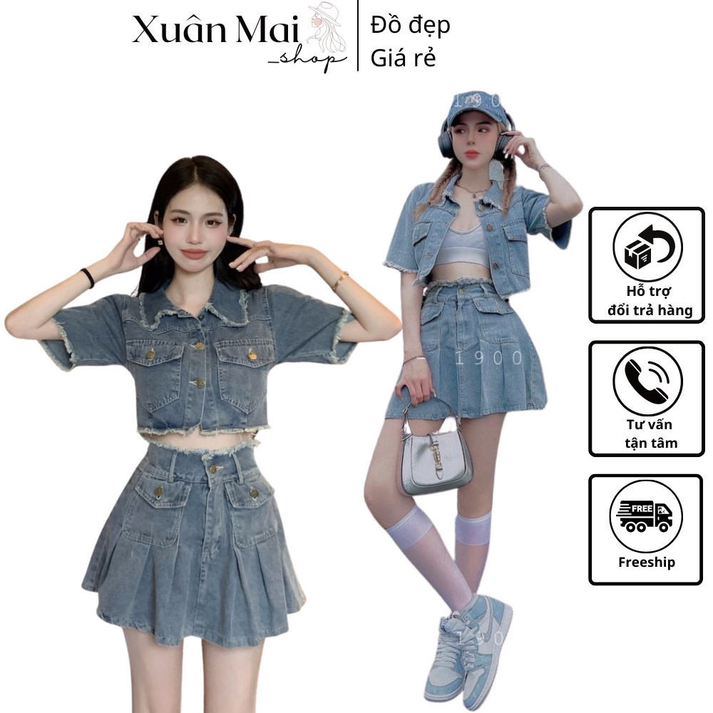 11000 [FREESHIP] Set áo có cổ tay ngắn croptop + chân váy chữ A lưng cao xếp ly túi hộp rách nhẹ denim, jeans, bò