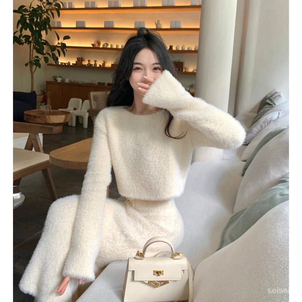 Gentle style autumn suit women's French sweet all-match short sweater high waist slimming skirt two-piece set