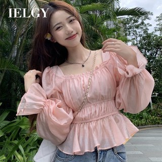 Ielgy Áo Sơ Mi Tay Ngắn Loe Cổ Vuông Xếp Ly Ôm Dáng Kiểu Pháp Ngọt Ngào Thanh Lịch Cho Nữ