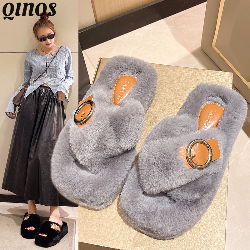 Qinos Dép Nhung Đế Xuồng 5cm Mũi Vuông Quai Chéo Thời Trang Mùa Đông