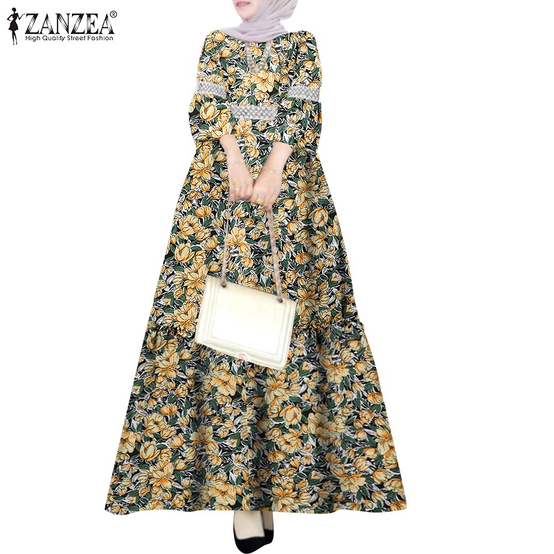Đầm maxi ZANZEA tay dài cổ tròn họa tiết hoa thời trang cho phụ nữ Hồi giáo