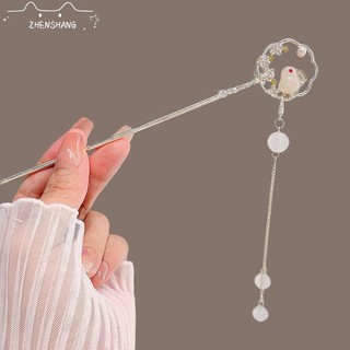 Trâm Cài Tóc Kim Loại Đính Hạt Ngọc Bích Mặt Trăng Thỏ Phong Cách hanfu Trung Hoa Mới Đi Bộ