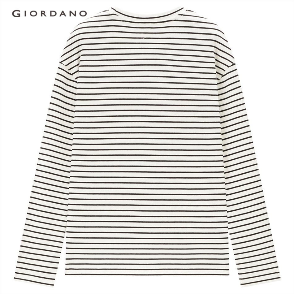 Áo thun GIORDANO 05323796 tay dài cổ tròn họa tiết sọc thời trang dành cho nữ