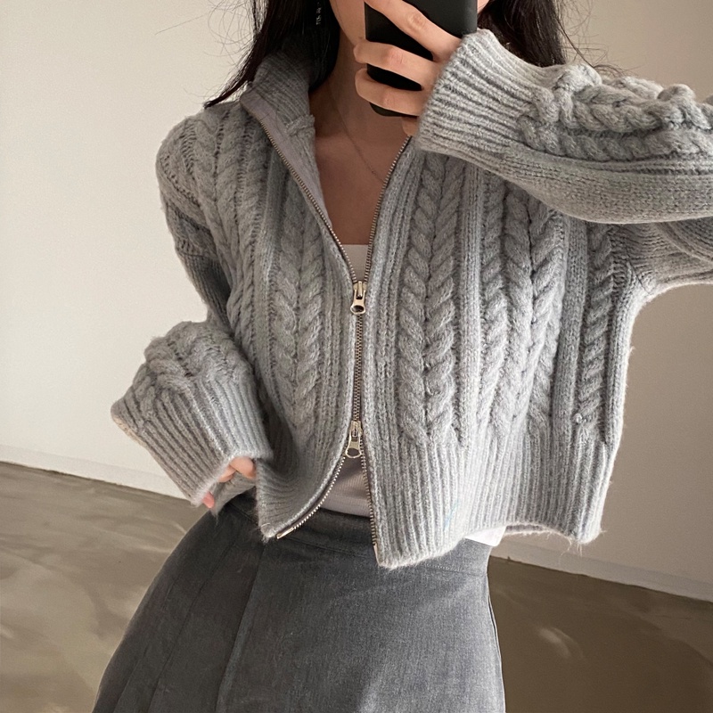 Áo Khoác cardigan Len Dệt Kim Dáng Rộng Ngắn Cổ Chữ v Có Khóa Kéo Hai Đầu 3 Màu Tùy Chọn Phong Cách retro Dành Cho Nữ