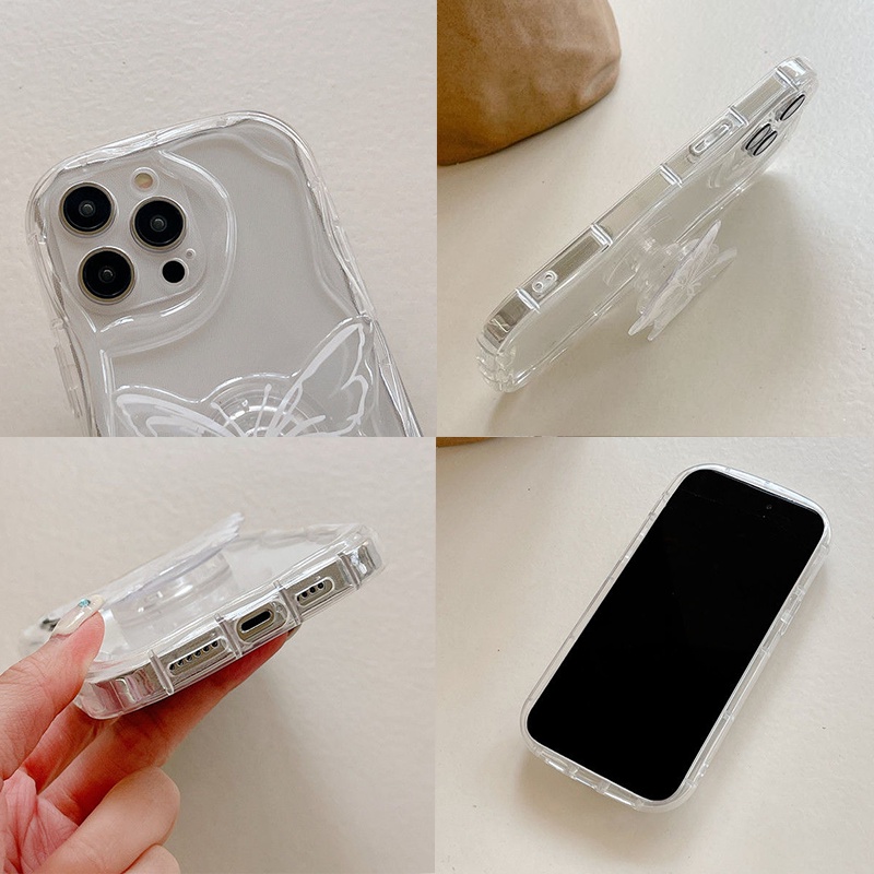 Casing Redmi Note 13 12 Pro+ 5G 12s 11s 11 4G 9S Pro Plus 13C 12C A1 A2 POCO X5 Cute Oval Cream Edge Fine hole Airbag Shockproof Soft Case Butterfly Bracket Clear Phone Back Cover YX 02