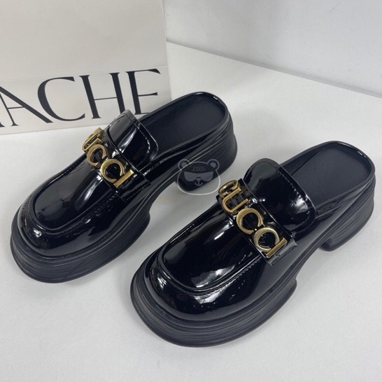 Giày Nữ Gucci Da Bóng Thời Trang, Sục GC Đế Độn 5cm