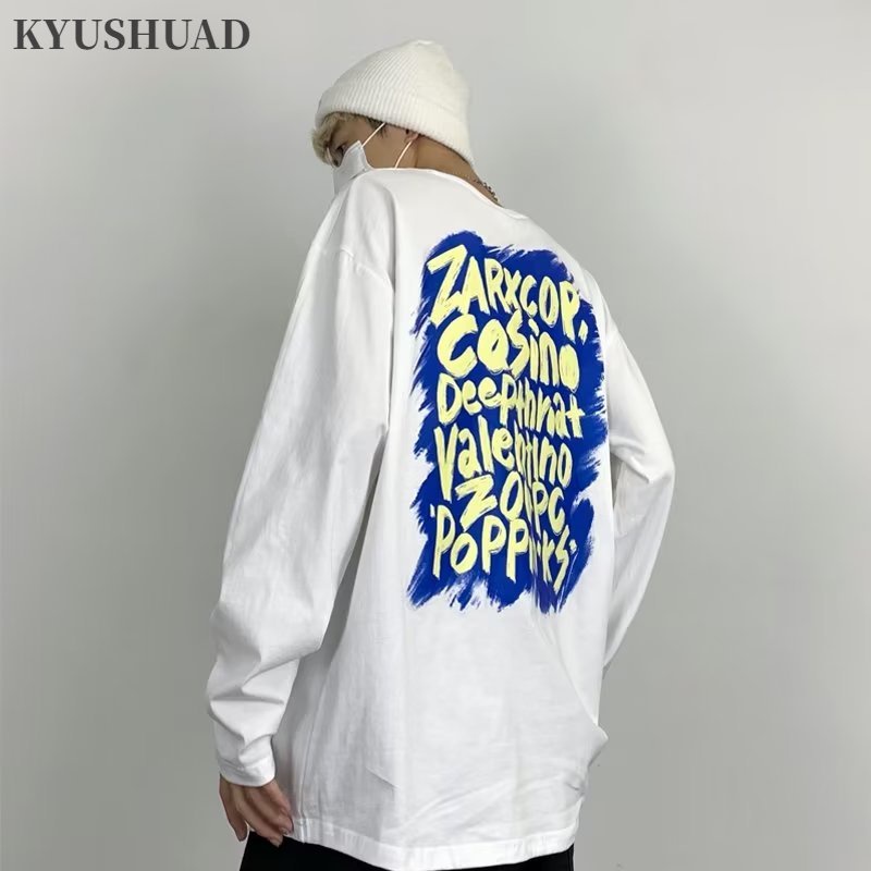 Kyushuad Áo sweater cotton Màu Trắng Trơn Dài Tay Dáng Rộng Phong Cách retro Đường Phố Mỹ Mới Cho Nam