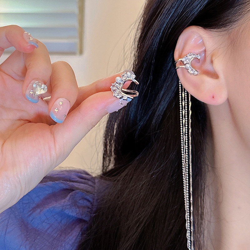 Bông Tai Dáng Dài Hình Mặt Trăng Đính Đá Thời Trang Cho Nữ