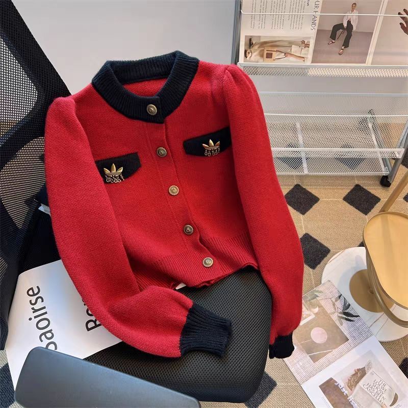 Áo Khoác cardigan Dệt Kim Dáng Ngắn Phối Màu Tương Phản Thời Trang Thu Đông Cho Nữ