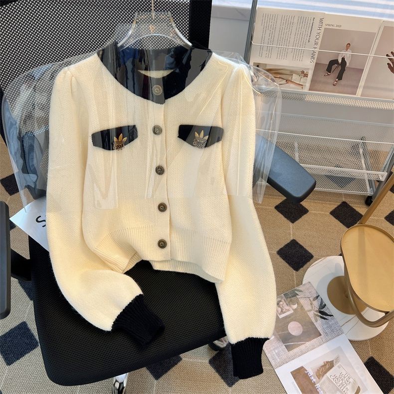 Áo Khoác cardigan Dệt Kim Dáng Ngắn Phối Màu Tương Phản Thời Trang Thu Đông Cho Nữ