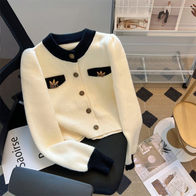 Áo Khoác cardigan Dệt Kim Dáng Ngắn Phối Màu Tương Phản Thời Trang Thu Đông Cho Nữ