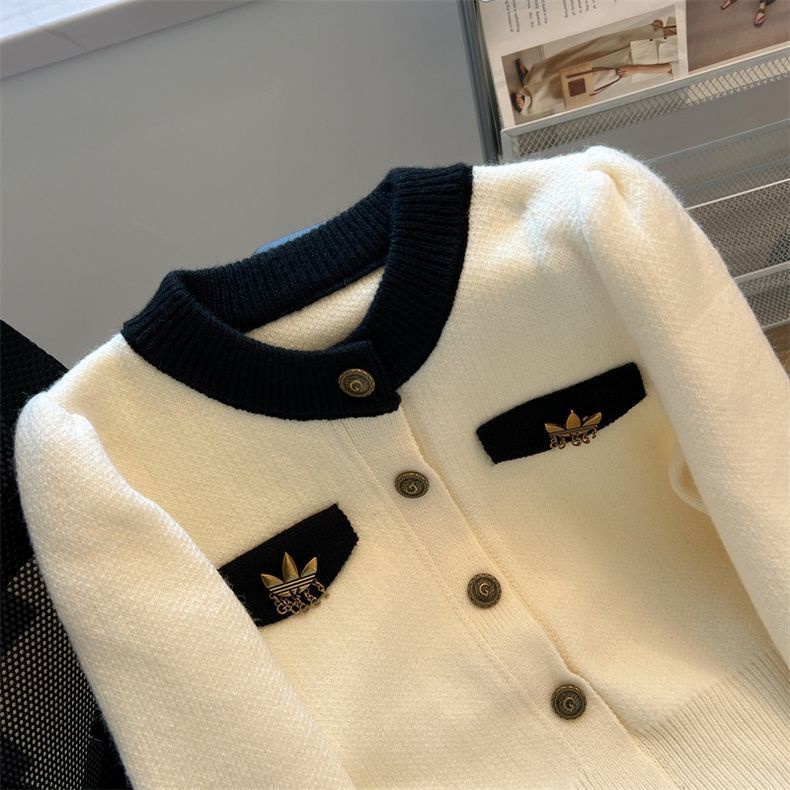 Áo Khoác cardigan Dệt Kim Dáng Ngắn Phối Màu Tương Phản Thời Trang Thu Đông Cho Nữ