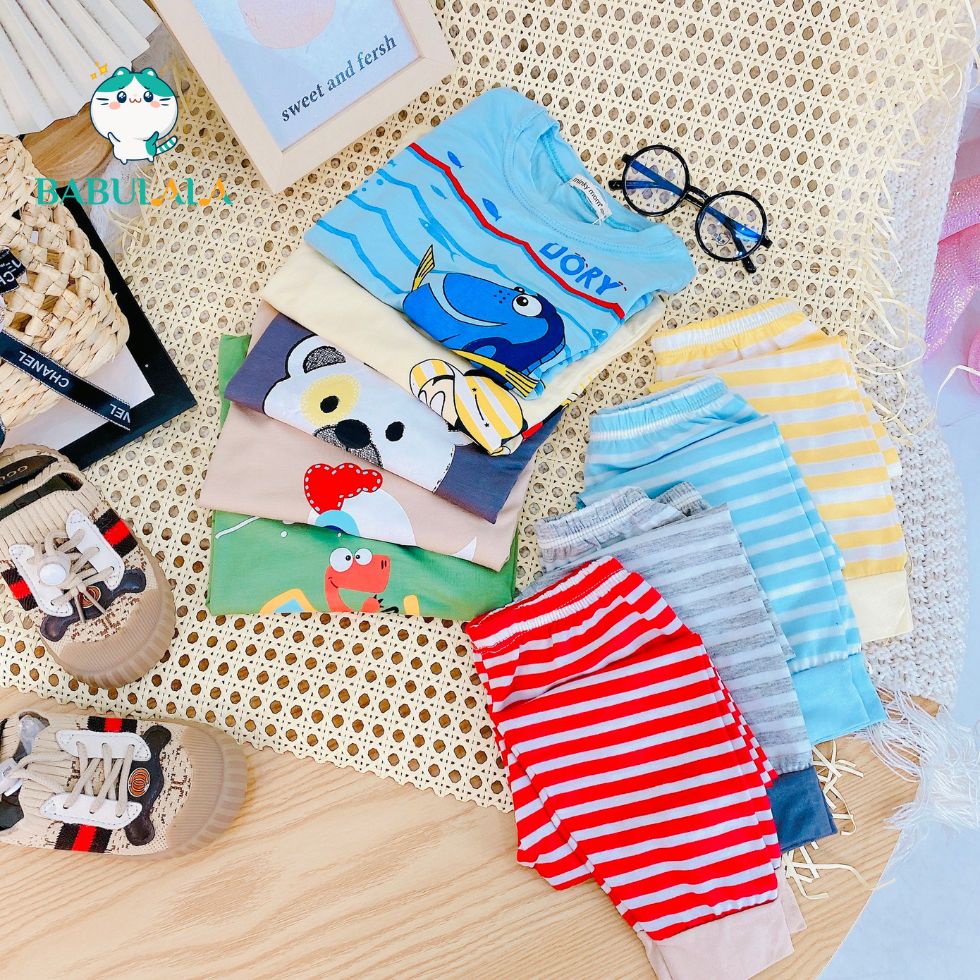 Đồ Bộ Dài Tay Thun Lanh Minky Mom Chính Hãng Quần Sọc Dệt Xịn Áo Hoạ Tiết Cá Gấu Gà Cho Bé 8-20kg - Babulala